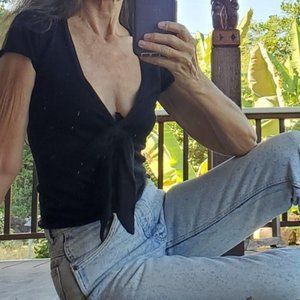 Black V-neck cap-sleeve knit top